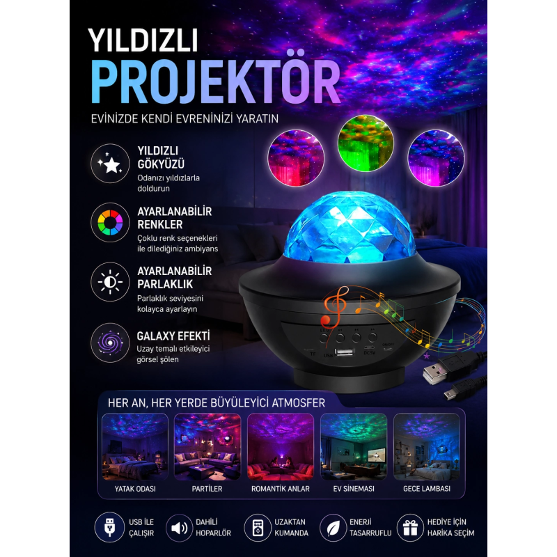 Galaxy Efektli Led Gece Lambası Projektörü Bluetooth Bağlantılı Galaxy Efektli Led Gece Lambası Projektörü Bluetooth Bağlantılı