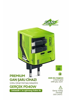 Gan+ Pd 40w Hızlı Şarj Adaptörü Çoklu Çıkış Usb-c Lightning Kablolu Hızlı Şarj Cihazı Ev Ofis Uyumlu Yeşil