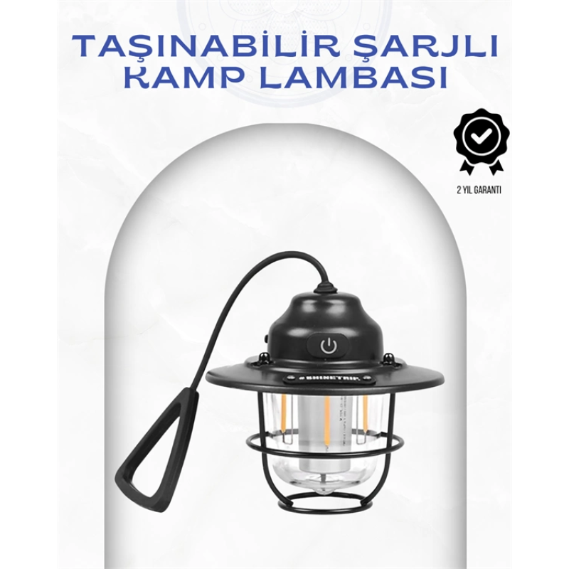 Geometrik Tasarımlı Vintage Kamp Lambası – Type-c Şarj, Ayarlanabilir Parlaklık