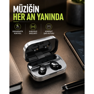 Gerçek Kablosuz Kulaklık – Bluetooth 5.0, Şarj Kutulu, Parmak İzi Kontrollü