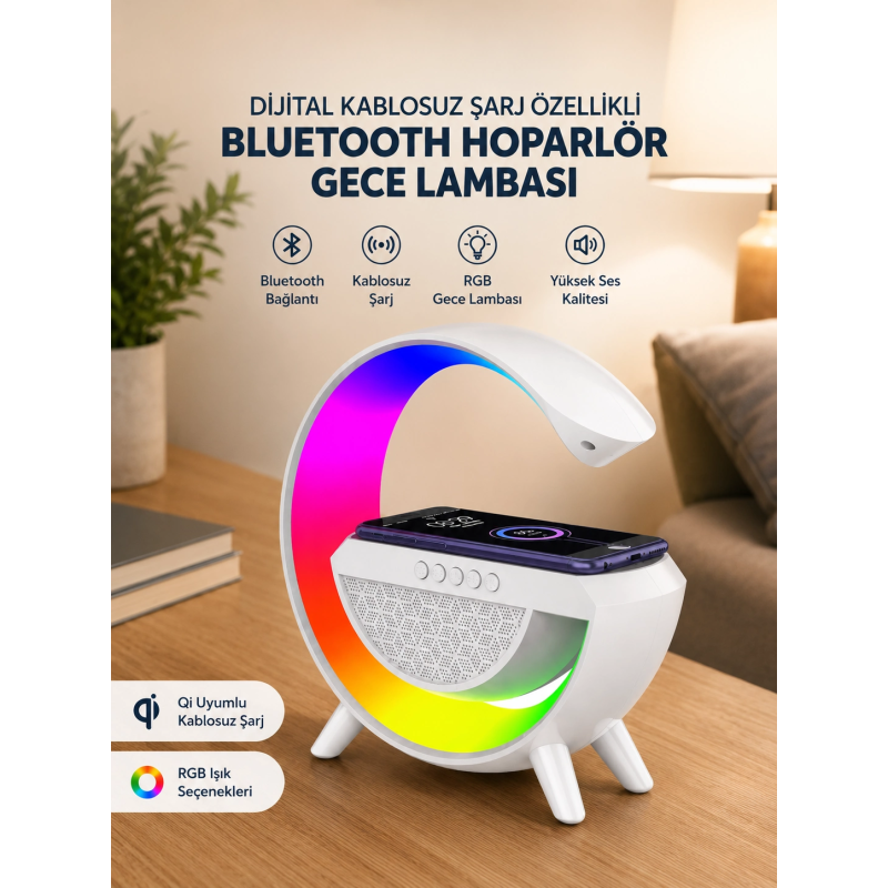Google Dijital Kablosuz Şarj Özellikli Bluetooth Hoparlör Gece Lambası Google Dijital Kablosuz Şarj Özellikli Bluetooth Hoparlör Gece Lambası