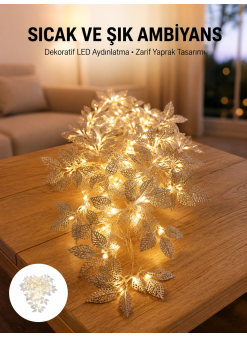 Gümüş Yaprak Tasarımlı Led Işık Pilli Ev Ve Vitrin Dekoru