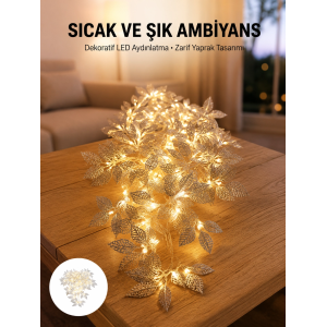 Gümüş Yaprak Tasarımlı Led Işık Pilli Ev Ve Vitrin Dekoru