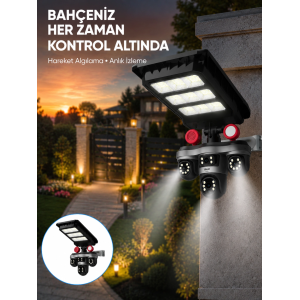 Güneş Enerjili 3 Lens Akıllı Güvenlik Kamerası Led Projektörlü Dış Mekan Koruma Sistemi