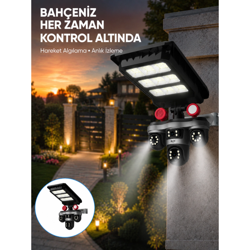Güneş Enerjili 3 Lens Akıllı Güvenlik Kamerası Led Projektörlü Dış Mekan Koruma Sistemi Güneş Enerjili 3 Lens Akıllı Güvenlik Kamerası Led Projektörlü Dış Mekan Koruma Sistemi