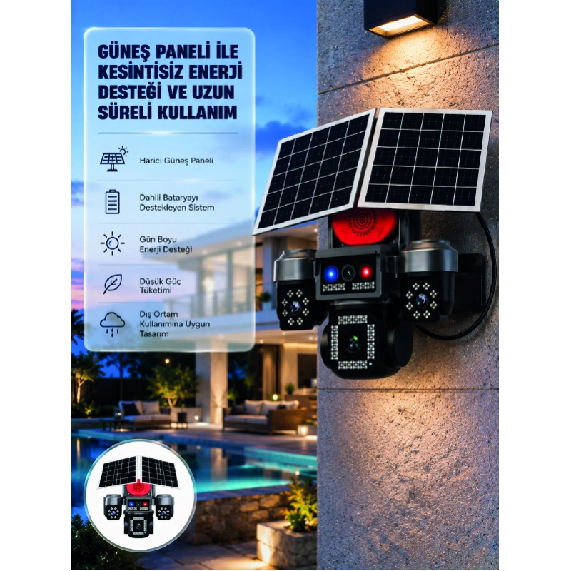 Güneş Enerjili 4 Lensli Dış Mekan Güvenlik Kamerası Ip66 Su Geçirmez Güneş Enerjili 4 Lensli Dış Mekan Güvenlik Kamerası Ip66 Su Geçirmez