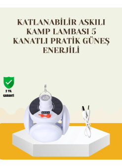 Güneş Paneliyle Şarj Olan Katlanabilir Led Çadır Lambası – 5 Kademeli Aydınlatma