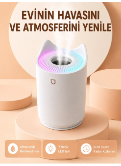 Hava Nemlendirici Buhar Makinesi Aromaterapi Led Işıklı Oda Nemlendirici