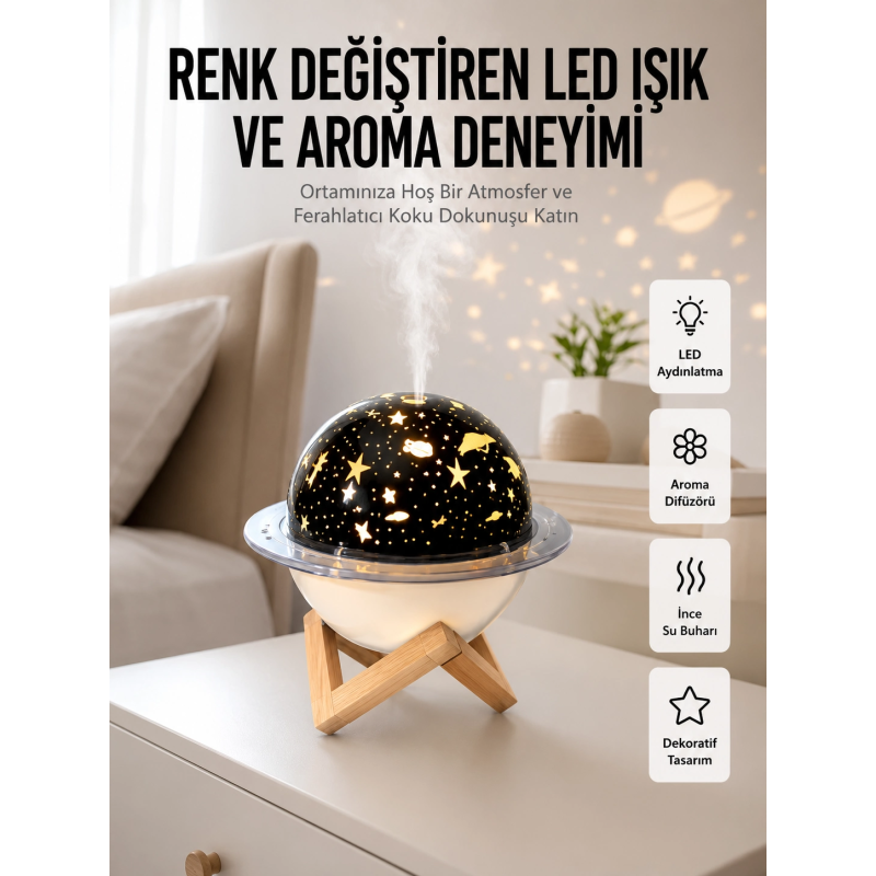 Hava Nemlendirici Led Işıklı Gece Lambası Yıldız Görünümlü Renk Değiştiren Hava Nemlendirici Led Işıklı Gece Lambası Yıldız Görünümlü Renk Değiştiren