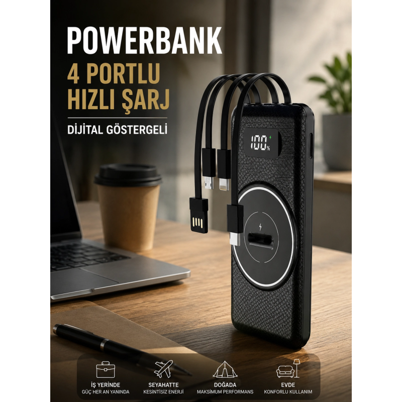Hızlı Şarj Dijital Göstergeli Powerbankli Çoklu Şarj Özelliği Hızlı Şarj Dijital Göstergeli Powerbankli Çoklu Şarj Özelliği