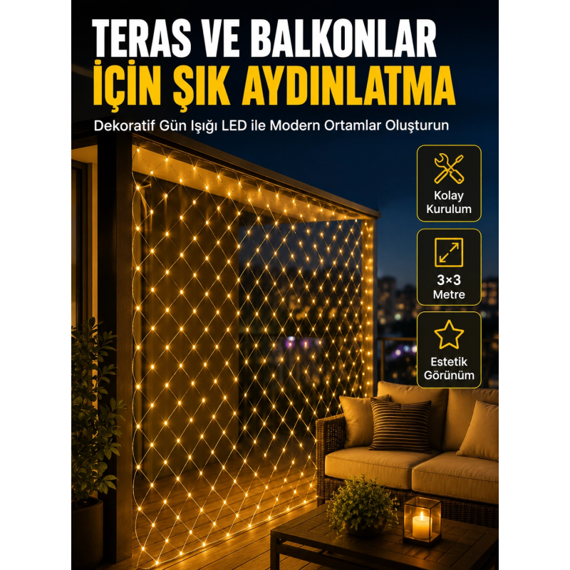 İç Ve Dış Mekân Kullanımına Uygun 3x3 Metre Led Işık Ağı İç Ve Dış Mekân Kullanımına Uygun 3x3 Metre Led Işık Ağı