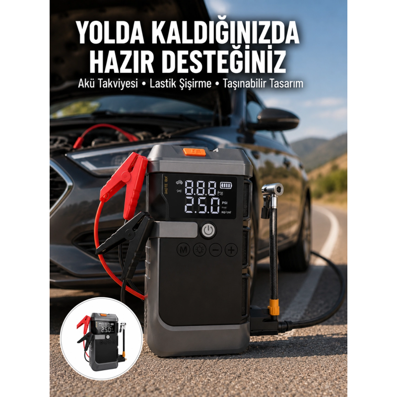 Işıklı Hava Kompresörlü Taşınabilir Akü Takviye Ünitesi Yeni Nesil Işıklı Hava Kompresörlü Taşınabilir Akü Takviye Ünitesi Yeni Nesil
