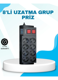 Isıya Dayanıklı Termal Akım Korumalı 8li Priz Ve 3 Usb Girişli Uzatma Kablosu
