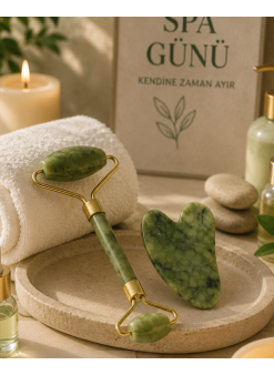 Jade Stone Yüz Bakım Seti Gua Sha Ve Roller Masaj Taşı