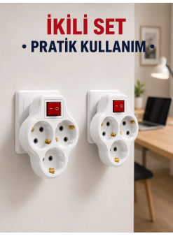 Kablosuz 3’lü Priz Çoklayıcı Açma Kapama Anahtarlı Duvar Tipi 2 Adet Set