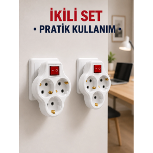 Kablosuz 3’lü Priz Çoklayıcı Açma Kapama Anahtarlı Duvar Tipi 2 Adet Set
