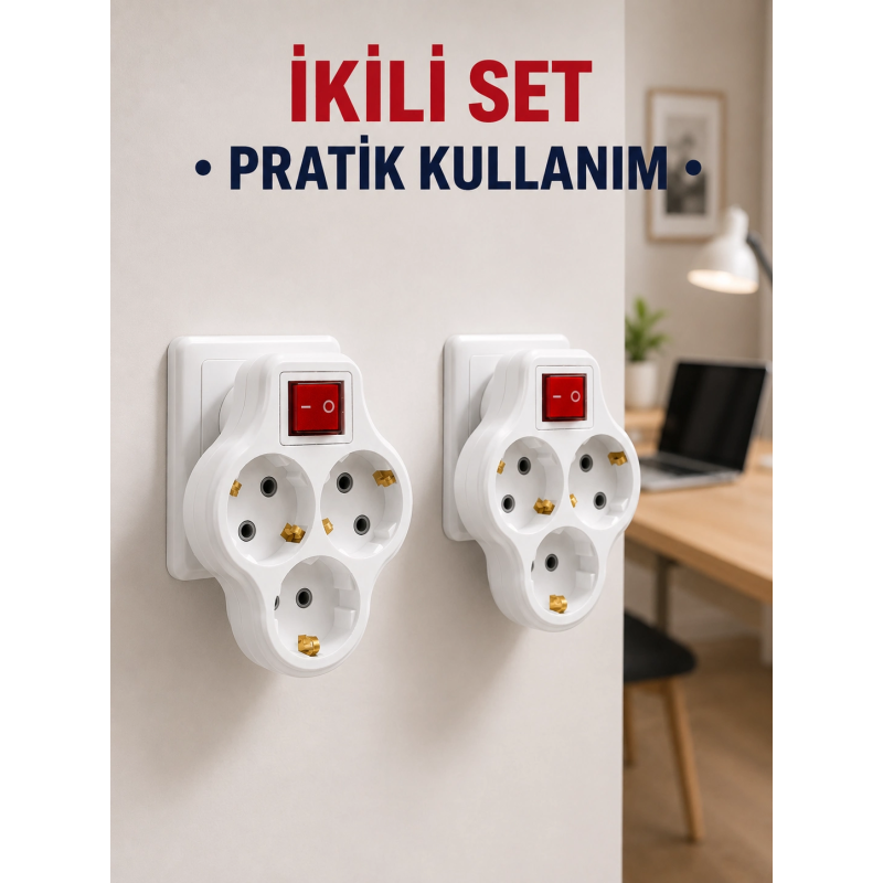 Kablosuz 3’lü Priz Çoklayıcı Açma Kapama Anahtarlı Duvar Tipi 2 Adet Set Kablosuz 3’lü Priz Çoklayıcı Açma Kapama Anahtarlı Duvar Tipi 2 Adet Set
