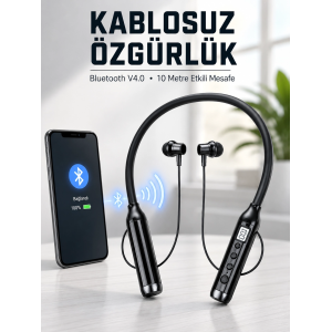 Kablosuz Bluetooth Boyun Kulaklığı 10 Metre Menzilli Mikrofonlu Ses Kontrollü Uzun Kullanım Süreli Kulak İçi Kulaklık