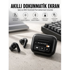 Kablosuz Bluetooth Kulaklık Ekranlı Uzun Şarj Süreli Anc Destekli