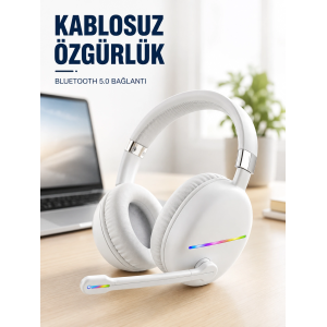 Kablosuz Bluetooth Mikrofonlu Beyaz Kulaklık  Rgb Işıklı