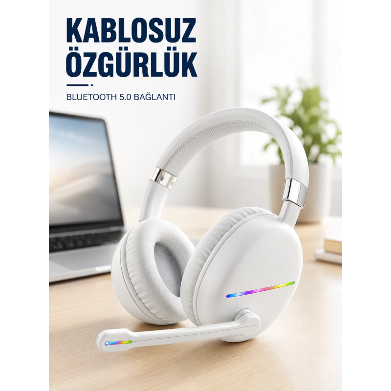 Kablosuz Bluetooth Mikrofonlu Beyaz Kulaklık Rgb Işıklı Kablosuz Bluetooth Mikrofonlu Beyaz Kulaklık Rgb Işıklı