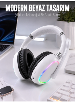 Kablosuz Bluetooth Mikrofonlu Beyaz Kulaklık  Rgb Işıklı