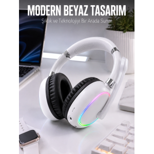 Kablosuz Bluetooth Mikrofonlu Beyaz Kulaklık  Rgb Işıklı