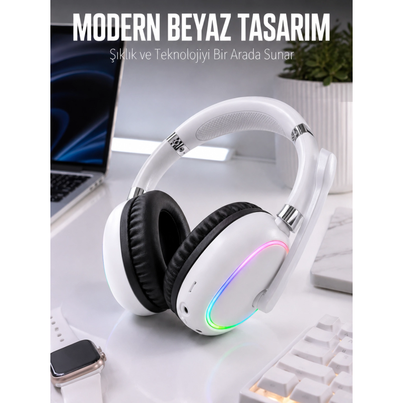 Kablosuz Bluetooth Mikrofonlu Beyaz Kulaklık Rgb Işıklı Kablosuz Bluetooth Mikrofonlu Beyaz Kulaklık Rgb Işıklı