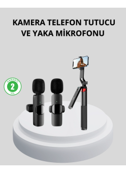 Kablosuz Çift Yaka Mikrofonu Ve Tripodlu Selfie Çubuğu İçerik Üretici Seti