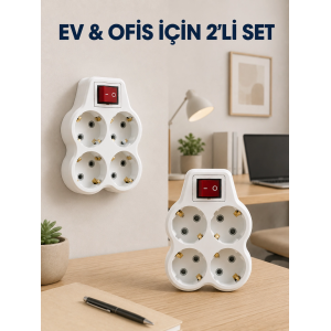 Kablosuz Duvar Tipi Priz Çoğaltıcı 4 Çıkışlı Anahtarlı 2 Adet Avantajlı Set
