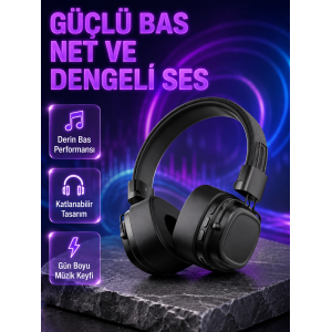 Kablosuz Kulak Üstü Bluetooth Kulaklık Güçlü Bas Ve Katlanabilir Tasarım