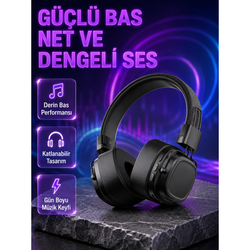 Kablosuz Kulak Üstü Bluetooth Kulaklık Güçlü Bas Ve Katlanabilir Tasarım Kablosuz Kulak Üstü Bluetooth Kulaklık Güçlü Bas Ve Katlanabilir Tasarım