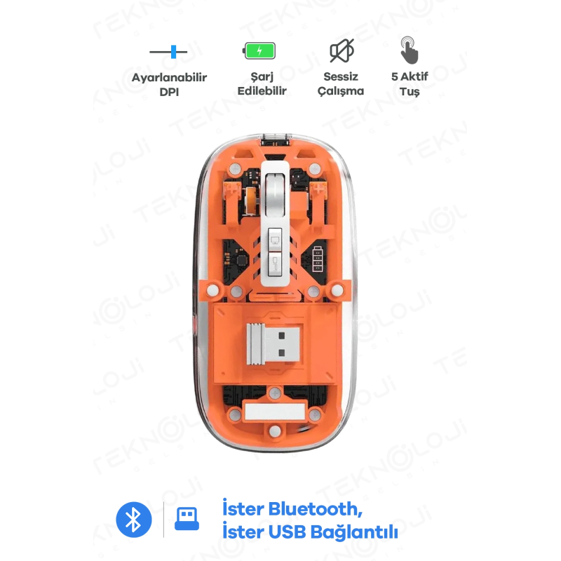 Bluetooth Usb Çift Modlu Sessiz Mouse, Şeffaf Mıknatıslı Kapaklı, Type-c Şarjlı, Dpı Ayarlı, Kablosuz 10m Çekim Mesafeli, Masaüstü Kısayol Tuşlu, Taşınabilir Şarjlı Mouse Turuncu Bluetooth Usb Çift Modlu Sessiz Mouse, Şeffaf Mıknatıslı Kapaklı, Type-c Şarjlı, Dpı Ayarlı, Kablosuz 10m Çekim Mesafeli, Masaüstü Kısayol Tuşlu, Taşınabilir Şarjlı Mouse Turuncu