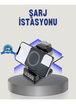 Kablosuz Şarj Cihazı Ve Dijital Saat – 4’ü 1 Arada Hızlı Şarj, Apple Uyumlu, Led Işıklı Tasarım