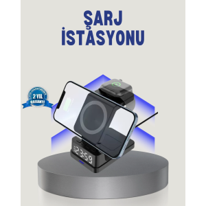 Kablosuz Şarj Cihazı Ve Dijital Saat – 4’ü 1 Arada Hızlı Şarj, Apple Uyumlu, Led Işıklı Tasarım