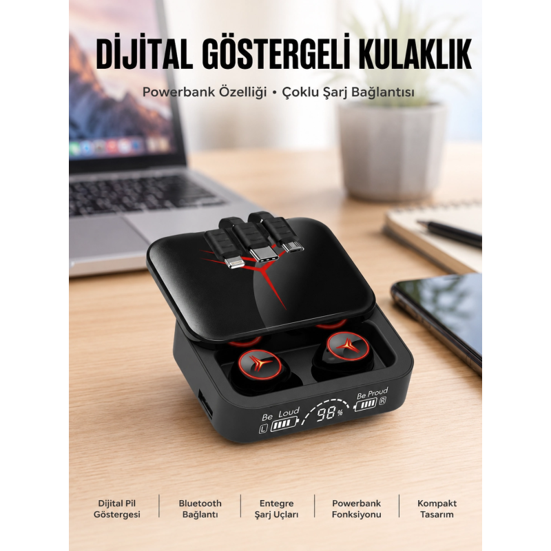 Kablosuz Şarj Göstergeli Powerbank Özellikli Bluetooth Kulaklık Çağrı Cevaplayabilen Yeni Nesil Kablosuz Şarj Göstergeli Powerbank Özellikli Bluetooth Kulaklık Çağrı Cevaplayabilen Yeni Nesil