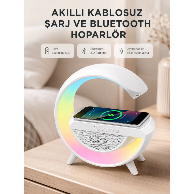 Kablosuz Şarjlı Bluetooth Hoparlör Ve Gece Lambası – Nfc, Fm Radyo, Rgb Işık Kablosuz Şarjlı Bluetooth Hoparlör Ve Gece Lambası – Nfc, Fm Radyo, Rgb Işık