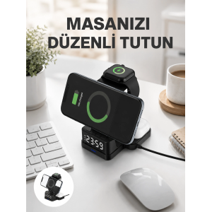 Kablosuz Şarjlı Dijital Masa Saati – 3 Parlaklık Seviyeli Led, Hızlı Şarj Yeni Nesil