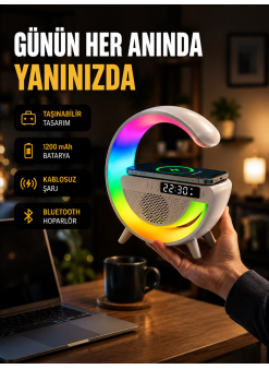 Kablosuz Şarjlı Led Masa Lambası Çalar Saat Ve Beyaz Gürültü Özellikli