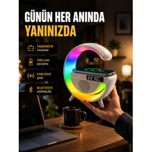 Kablosuz Şarjlı Led Masa Lambası Çalar Saat Ve Beyaz Gürültü Özellikli