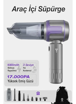 Kablosuz Taşınabilir Araç İçi El Süpürgesi 17000pa Güçlü Vakum 4’ü 1 Arada Çok Amaçlı Temizlik
