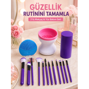 Kadın 3’lü Kişisel Bakım Ve Makyaj Seti 12’li Makyaj Fırçaları Fırça Temizleyici Ve Silikon Yüz Temizleme Cihazı