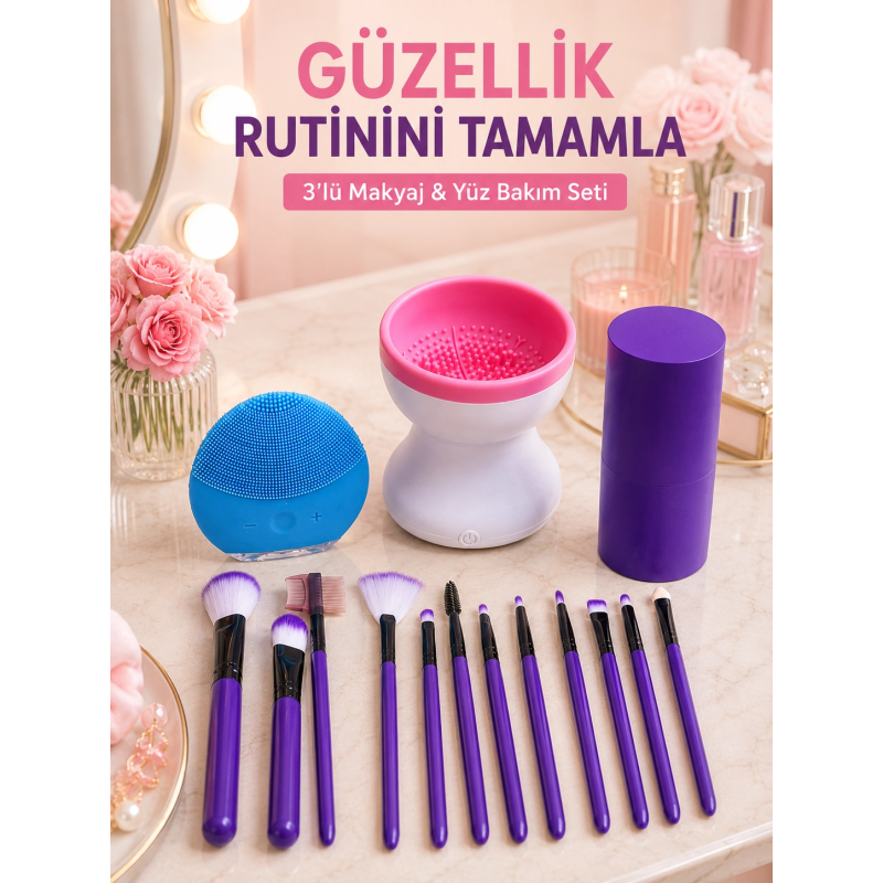 Kadın 3’lü Kişisel Bakım Ve Makyaj Seti 12’li Makyaj Fırçaları Fırça Temizleyici Ve Silikon Yüz Temizleme Cihazı Kadın 3’lü Kişisel Bakım Ve Makyaj Seti 12’li Makyaj Fırçaları Fırça Temizleyici Ve Silikon Yüz Temizleme Cihazı