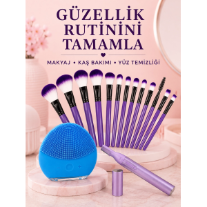 Kadın Güzellik Seti 12’li Mor Makyaj Fırçası Kaş Düzeltici Ve Silikon Yüz Temizleme Cihazı Cilt Bakım Seti