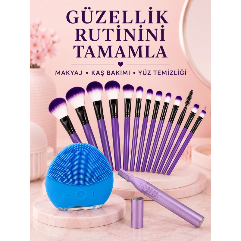 Kadın Güzellik Seti 12’li Mor Makyaj Fırçası Kaş Düzeltici Ve Silikon Yüz Temizleme Cihazı Cilt Bakım Seti Kadın Güzellik Seti 12’li Mor Makyaj Fırçası Kaş Düzeltici Ve Silikon Yüz Temizleme Cihazı Cilt Bakım Seti