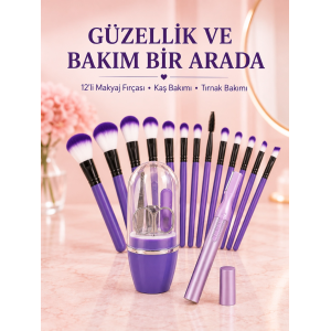 Kadın Makyaj Ve Kişisel Bakım Seti 12’li Mor Makyaj Fırçası Kaş Düzeltici Ve Manikür Tırnak Bakım Seti