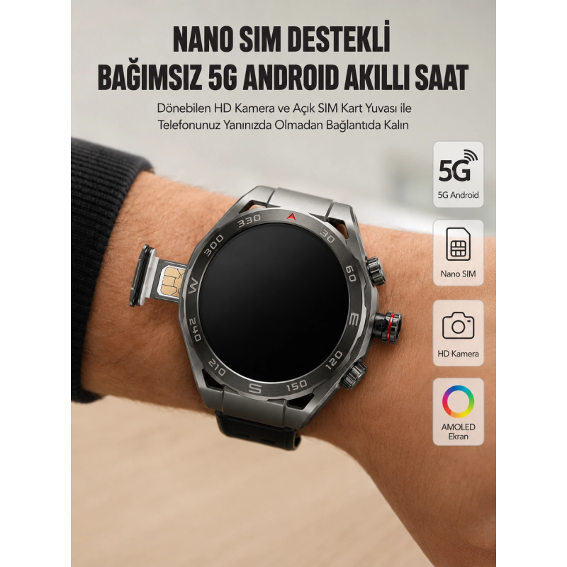 Kameralı 5g Android Akıllı Saat Amoled Ekran Wi-fi Gps Sım Kart Destekli Kameralı 5g Android Akıllı Saat Amoled Ekran Wi-fi Gps Sım Kart Destekli