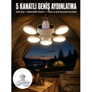 Kamp Lambası Işıldak Beyaz Işık Güneş Enerjili Solar Aydınlatma 5 Kanatlı Katlanabilir Yeni Nesil