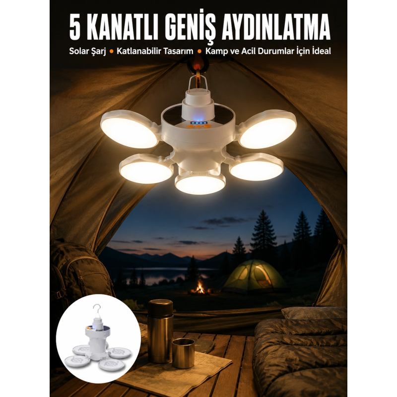 Kamp Lambası Işıldak Beyaz Işık Güneş Enerjili Solar Aydınlatma 5 Kanatlı Katlanabilir Yeni Nesil Kamp Lambası Işıldak Beyaz Işık Güneş Enerjili Solar Aydınlatma 5 Kanatlı Katlanabilir Yeni Nesil