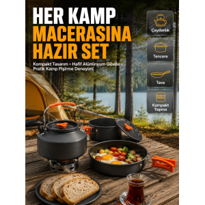 Kamp Mutfak Seti Alüminyum Çaydanlık Tencere Tava Hafif Ve Taşınabilir Tasarım